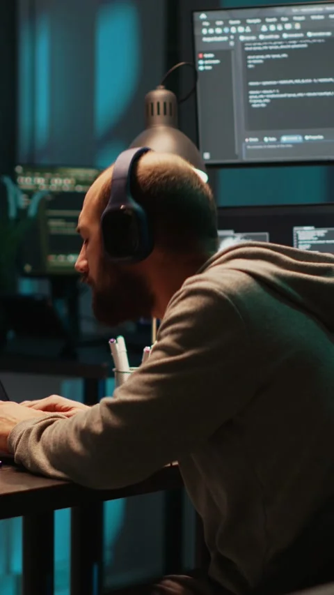 Vertical video: Silly web developer playing air drums and listening to music Stock Footage 220331584