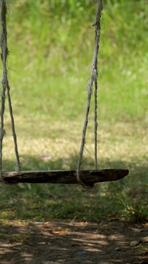 Vertical video of a simple wooden swing swaying in the garden Stock Footage 322909472