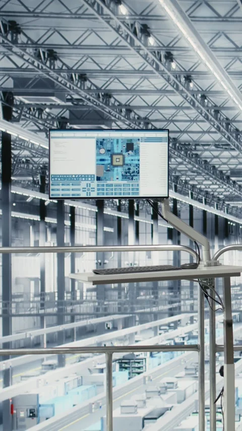 Vertical video Simulation software on display in empty microchip industry 4.0 Stock Footage 333613996