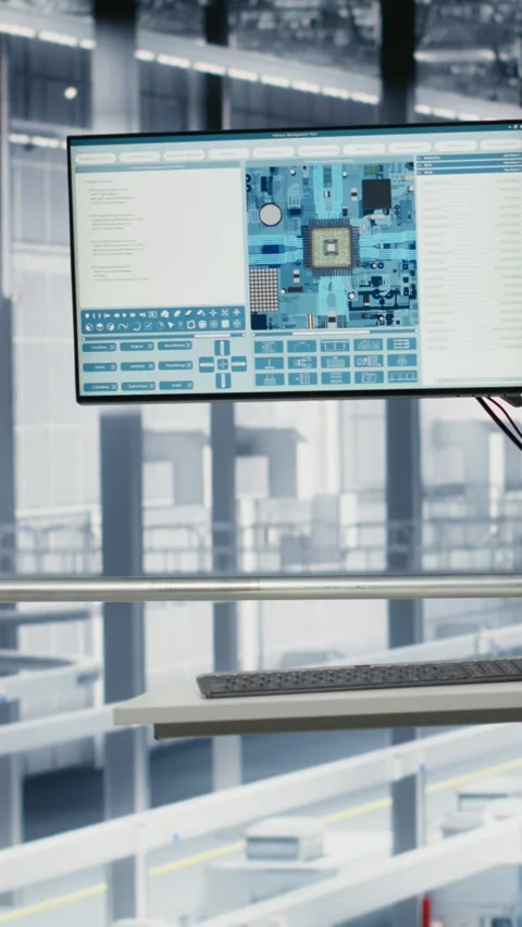 Vertical video Simulation software on display in empty microchip industry 4.0 Stock Footage 333614412