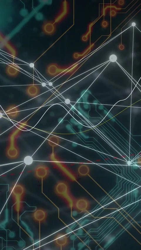 Vertical video: Sine wave sweeping network, driving nodes pulsing, lines Stock Footage 335802782