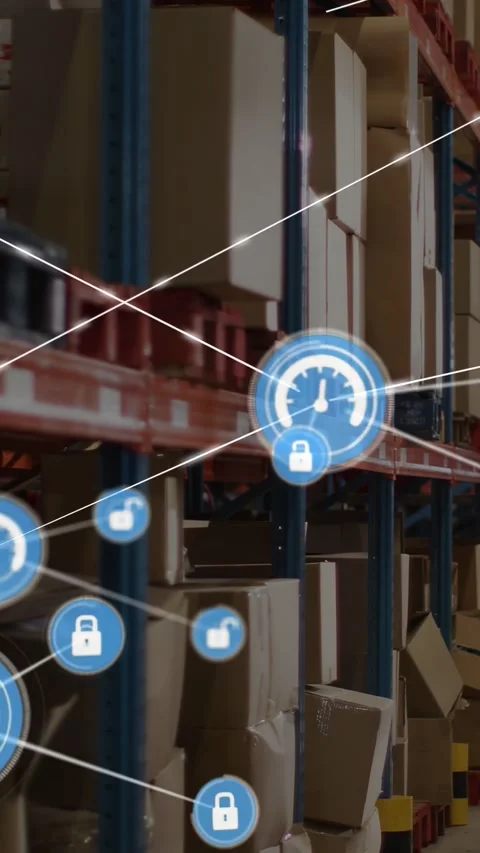 Vertical video: Single blue gauge appearing over racks, HUD icons linking and Stock Footage 329913199