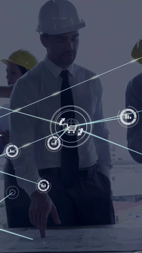 Vertical video: Site lead pointing at plans and activating data icons over table Stock Footage 332823791