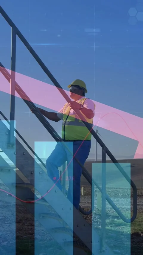 Vertical video: Site worker starting, holding rail and climbing to top while Stock Footage 340133430