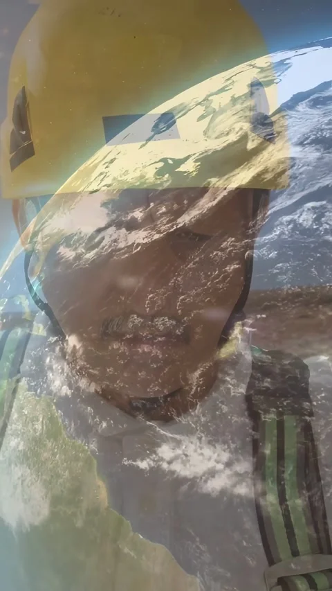 Vertical video: Site worker tilting head, rotating globe overlay fading, Stock Footage 334598687