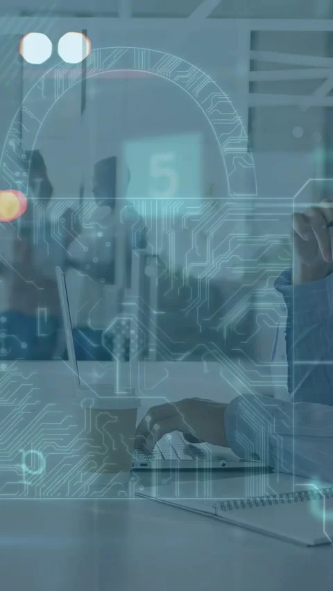 Vertical video: Sitting female worker using mouse and gesturing, tech overlay Stock Footage 335355428