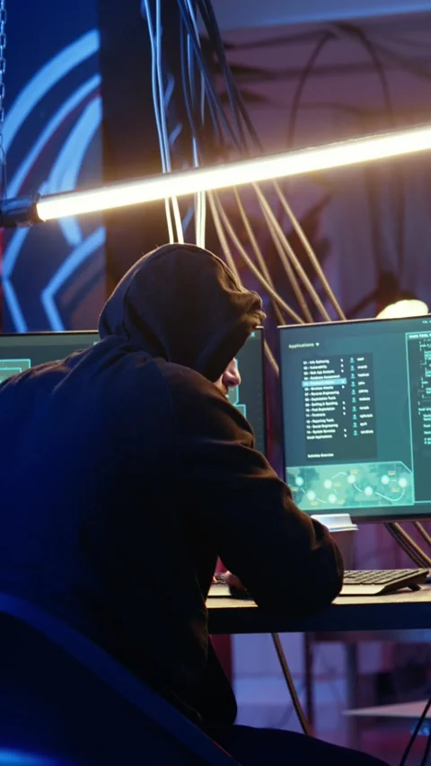 Vertical video Skilled hacker deploying malware on unaware victims computers Stock Footage 319517662