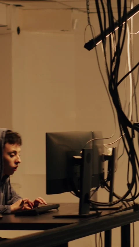 Vertical video: Skilled spy committing cybercrime on computer firewall Stock Footage 227665917