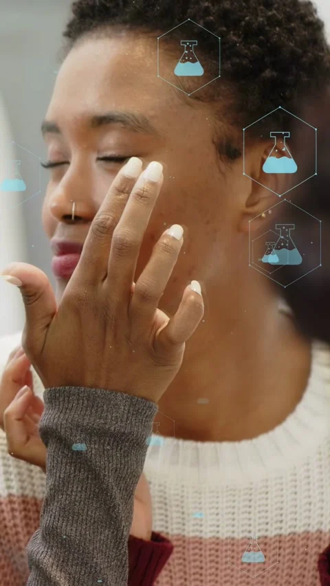 Vertical video: Skincare demo client eyes closed while tech applying cream Stock Footage 340133522