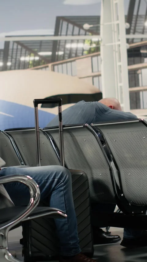 Vertical video Sleeping, flight delay concept and exhausted tourists on bench in Stock Footage 334852671