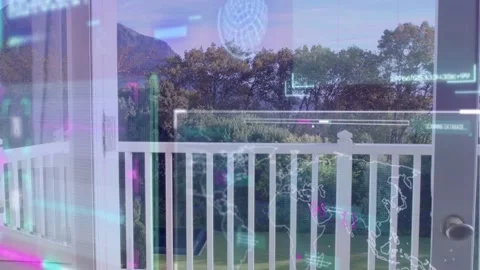 Vertical video: Sliding door opening, camera rising, white deck railing Video stock 333318230