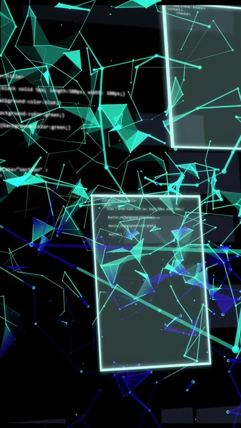 Vertical video: Sliding panels initiating teal nodes clustering and revealing Stock Footage 334770909