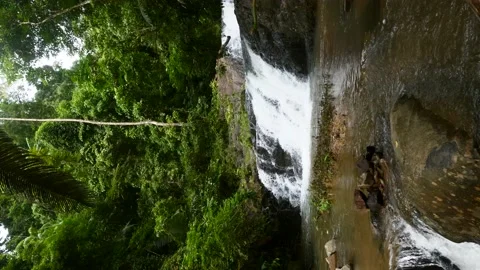 Vertical Video: Small Cascade Waterfall in Mountain River in Tropical Forest Stock Footage 144939222