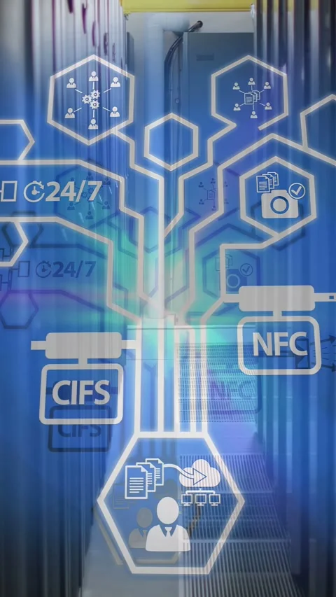 Vertical video: Small hexagon appearing growing and sending icons in aisle Stock Footage 332594981