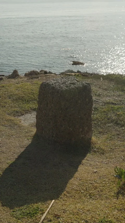 Vertical video. A small stone block casting a shadow on a grassy patch, with Vídeos de archivo 295744892