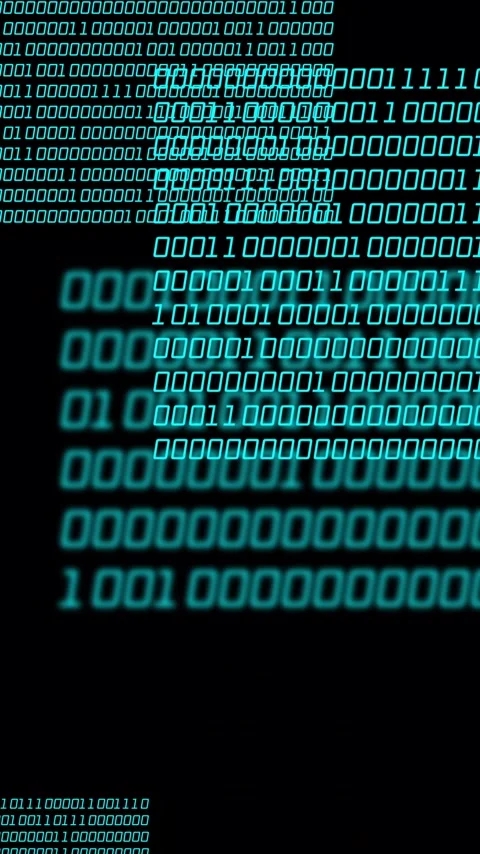 Vertical video: On small teal block appearing, binary grid moving and Stock Footage 348492382