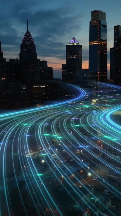 Vertical video of Smart city digital transformation with 5G light bands over Stock Footage 328779726