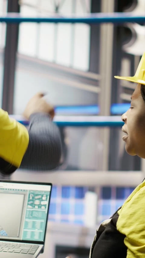 Vertical video Smart factory engineering team using laptop to analyze IoT Stock Footage 307069028
