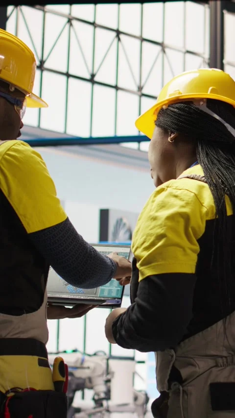 Vertical video Smart factory engineering team using laptop to analyze IoT Video stock 307145147