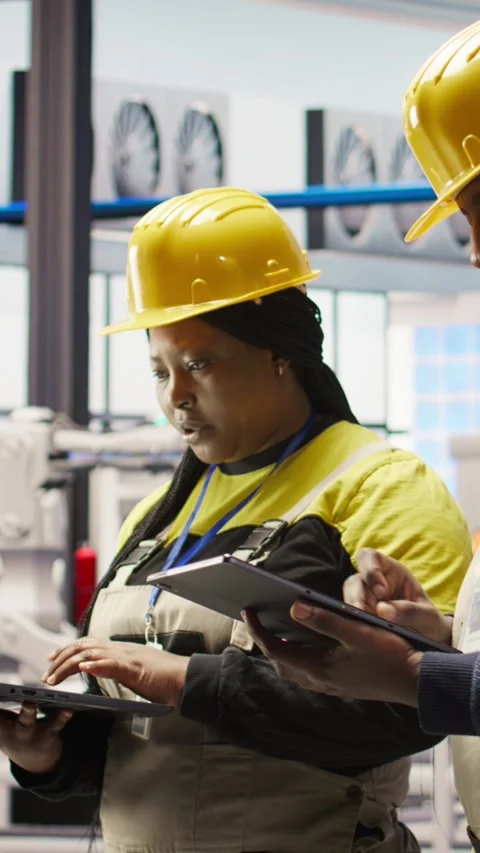 Vertical video Smart factory engineering team implement automated workflows Stock Footage 307145367
