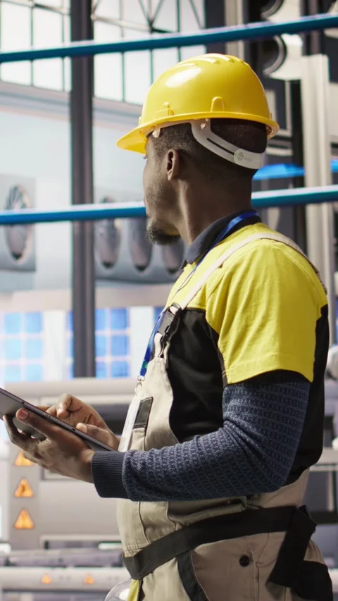 Vertical video Smart factory expert uses tablet to implement automated workflows Stock Footage 307068604