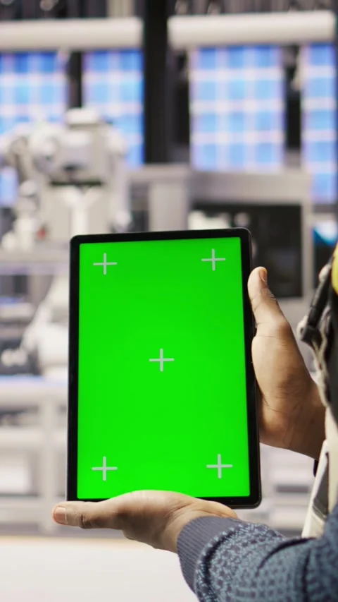Vertical video Smart factory expert uses green screen tablet to implement Stock Footage 307145683