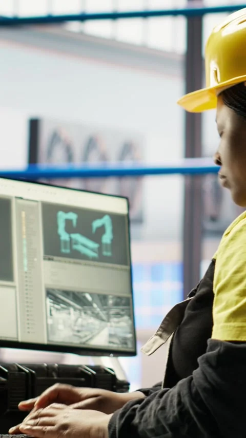 Vertical video Smart solar panels factory worker typing on PC, testing automated Stock Footage 307145719