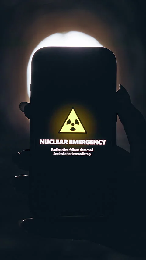 Vertical video. Smartphone Displaying Nuclear Emergency Warning in Dark Undergro Stock Footage 335222968