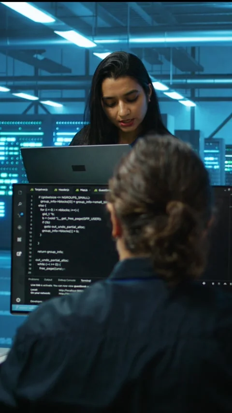 Vertical video Smiling admin in server hub checking recovery plan, monitoring Stock Footage 276138080