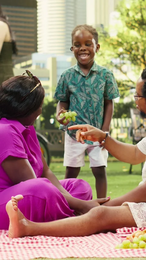 Vertical Video Smiling boy shares grapes with parents relaxing on checkered Stock Footage 341471314