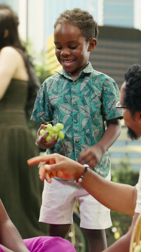 Vertical Video Smiling boy shares grapes with parents relaxing on checkered Stock Footage 341472916