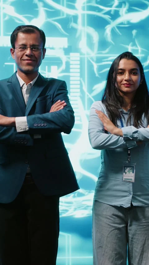 Vertical video Smiling colleagues working with AI machine learning algorithms 動画素材 278374581