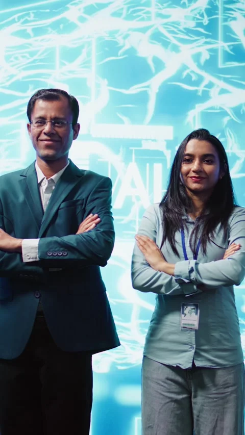 Vertical video Smiling colleagues working with AI machine learning algorithms 動画素材 278551947