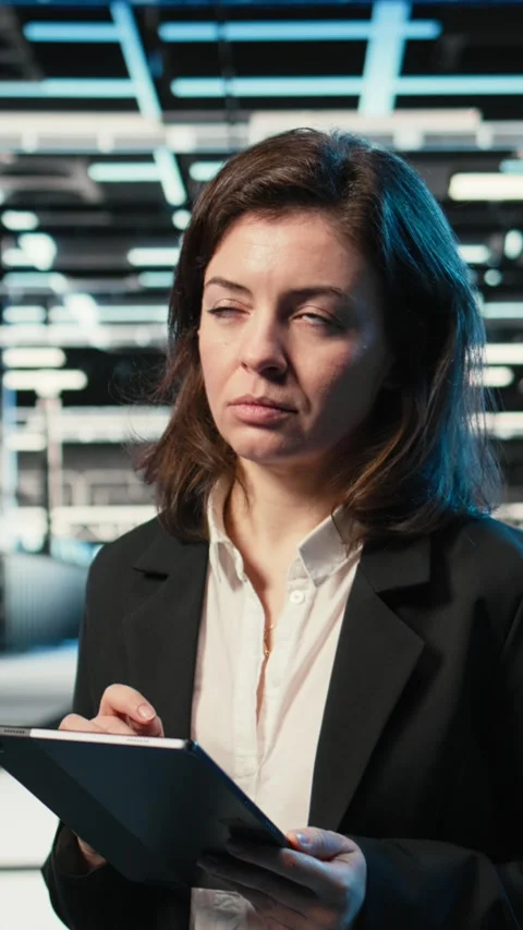 Vertical video Smiling data center technician optimizing server load balancing Stock Footage 328331549