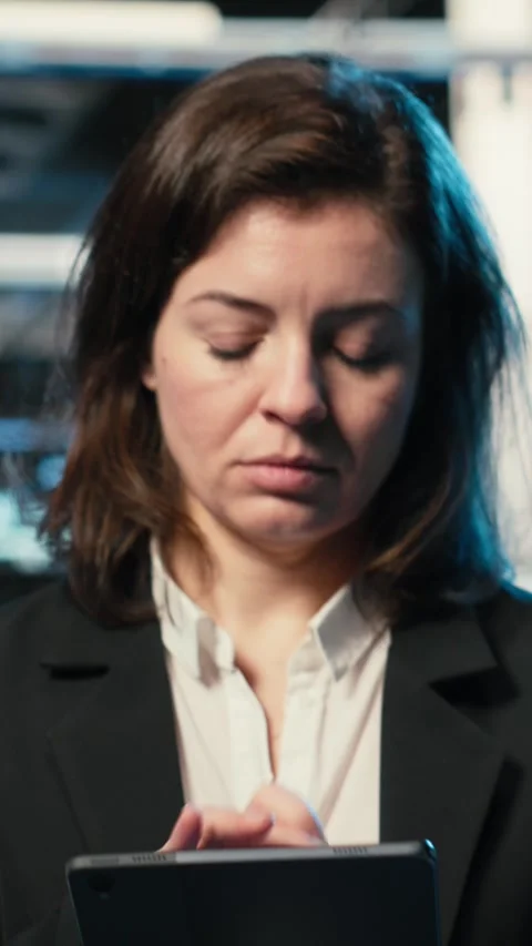 Vertical video Smiling data center technician optimizing server load balancing Stock Footage 329318895