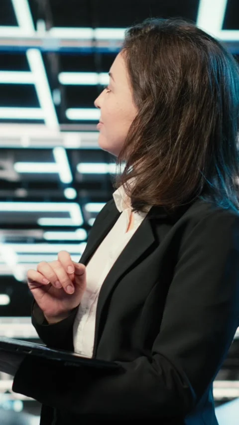 Vertical video Smiling data center female engineer pleased after upgrading AI Stock Footage 330097742