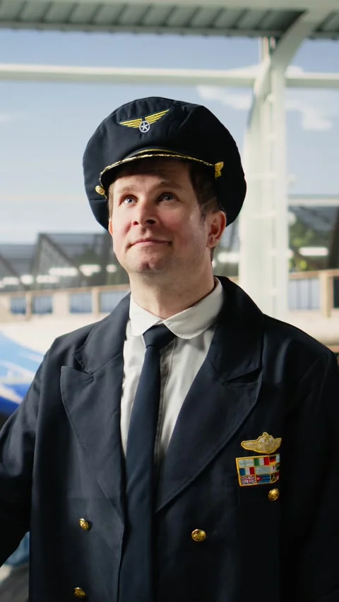 Vertical Video Smiling pilot captain in uniform at airport terminal window view Stock Footage 344372768