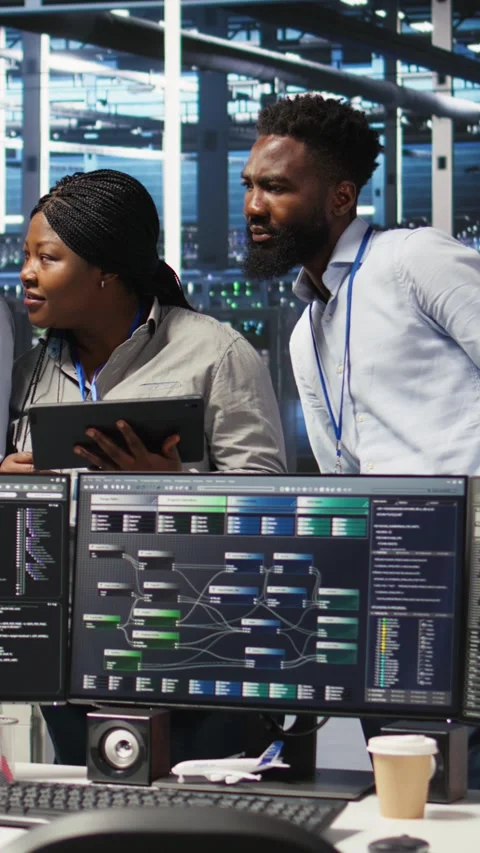 Vertical video Smiling server hub engineers using AI algorithms and node tree Stock Footage 307969596