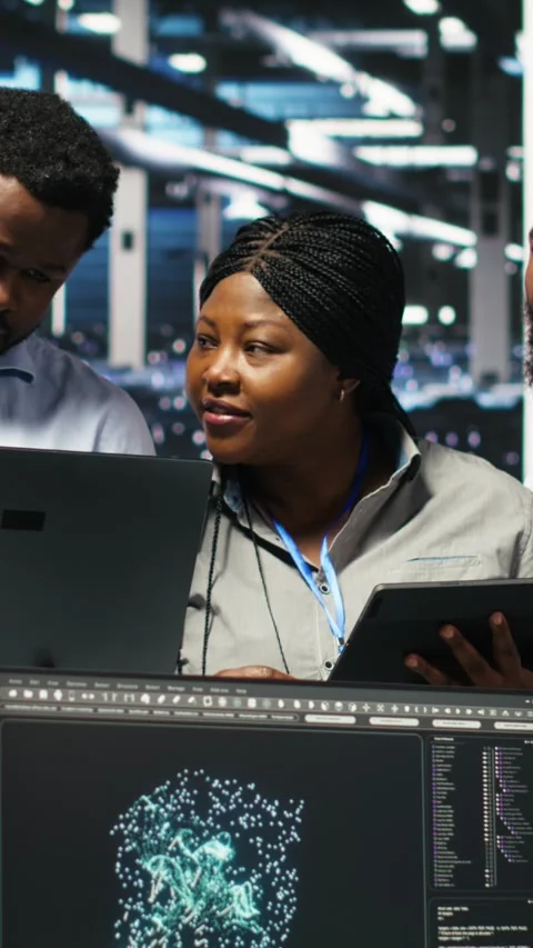 Vertical video Smiling server hub engineers using AI algorithms and node tree Stock Footage 308752572