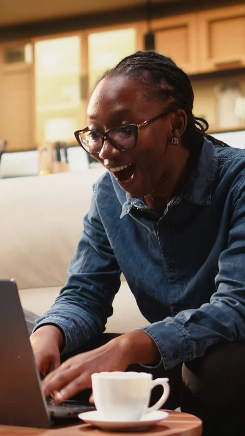 Vertical Video Smiling woman clapping hands overjoyed with good news Stock Footage 344529169