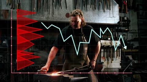 Vertical video: Smith placing hot bar at forge, causing hammering then grind Stock Footage 333210927