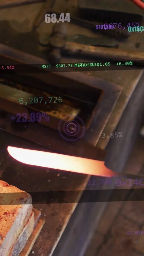 Vertical video: Smith pulling bolt with tongs, sliding bar in slot to forge, Stock Footage 333912893