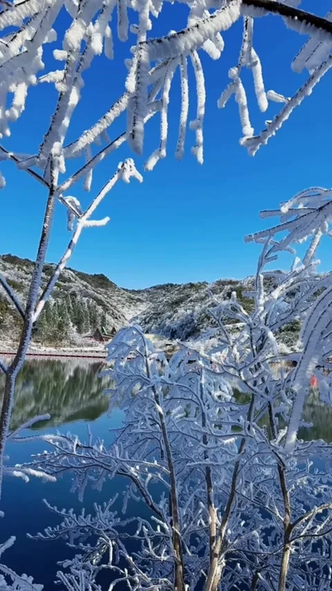 Vertical video of snowy mountain reflected in blue lake seen through rime ic Video stock 327582313