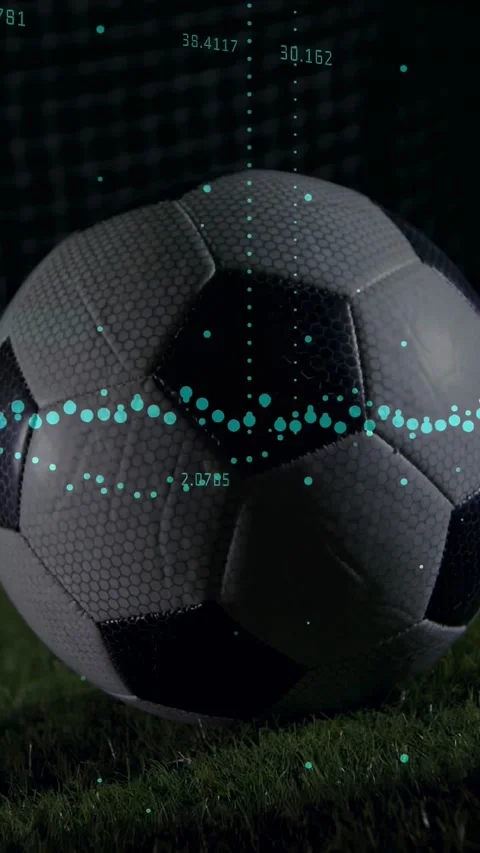 Vertical video: Soccer ball rotating turf, tech HUD fluctuating, blur nudging Stock Footage 332598695