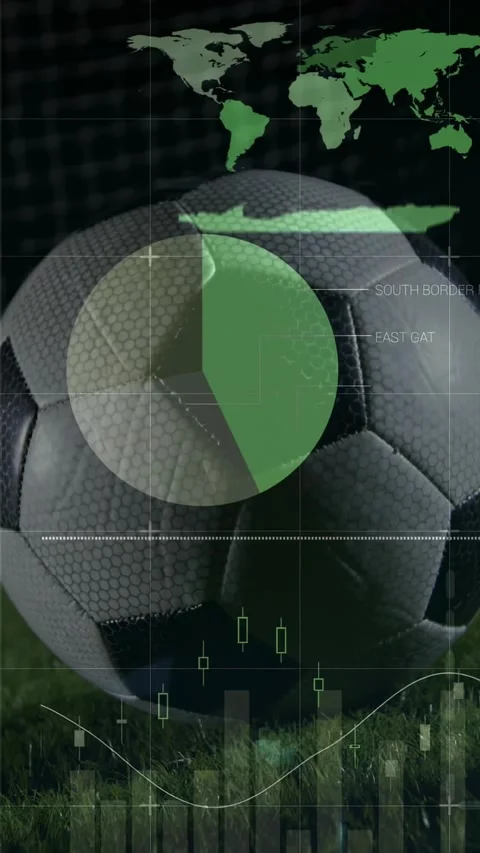 Vertical video: Soccer ball sitting on turf camera activating HUD sports data Stock Footage 329934686