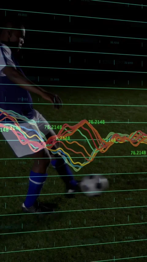 Vertical video: Soccer player tapping and kicking ball while waves data grids Stock Footage 331177971