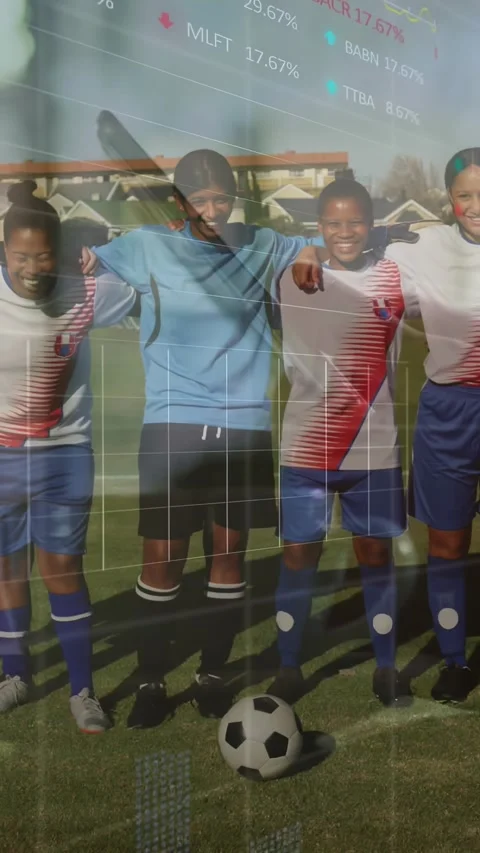 Vertical video: Soccer team posing on pitch charts overlay starting drifting Stock Footage 330358936