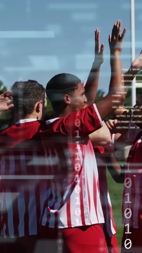 Vertical video: Soccer team in striped kits raising hands, activating code Stock Footage 333513175