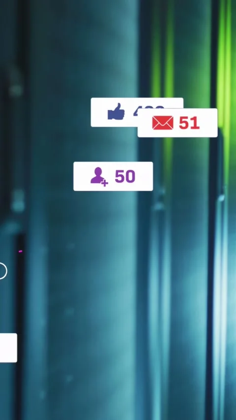 Vertical video: Social badges peaking then fading showing metrics, cursor Stock Footage 332775622