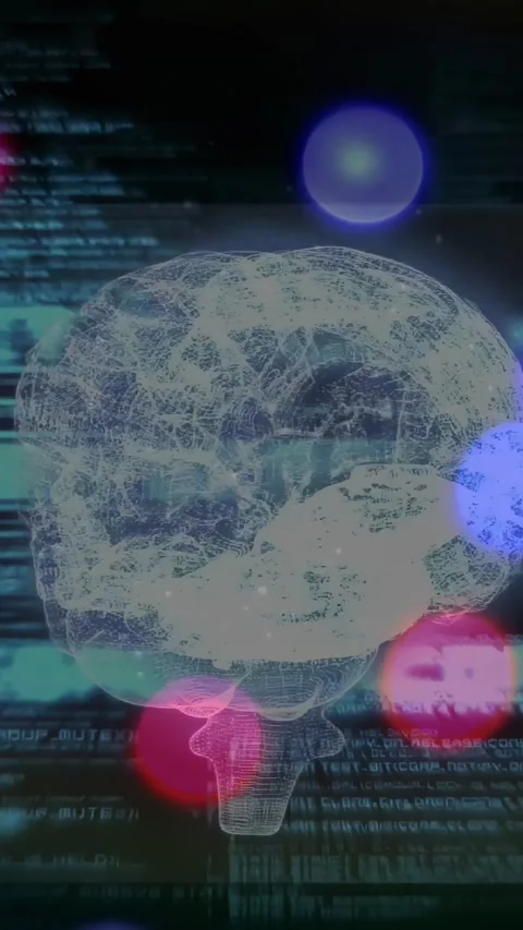 Vertical video: Soft orbs starting 3D wireframe brain glowing while code Stock Footage 329552849
